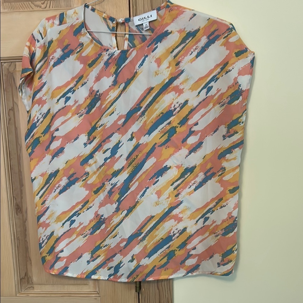 Gilli Graphic Blouse in Orange and Blue with Mandarin Collar